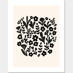 Folk ditsy flowers in black Posters and Art